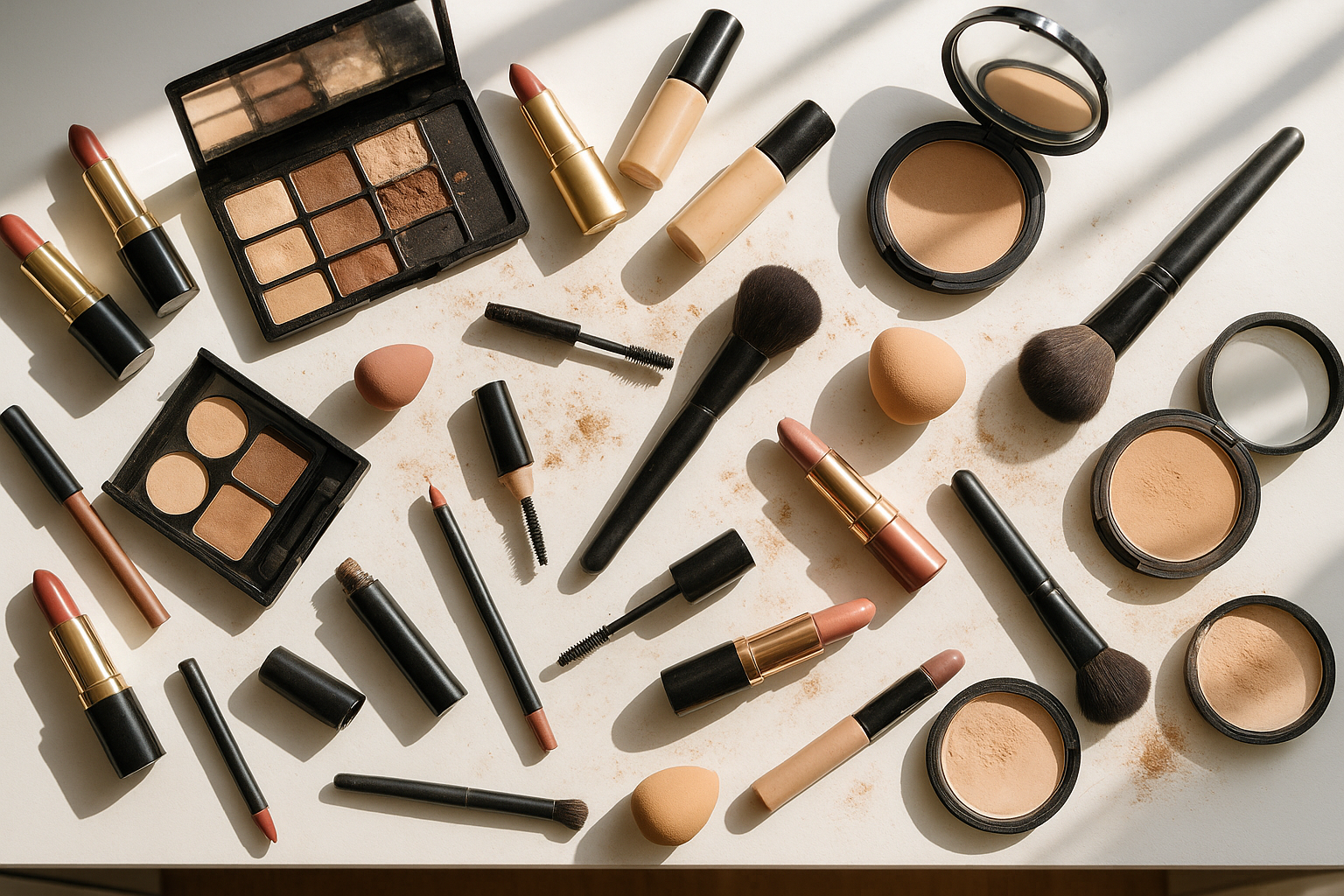 a top down view of makup scattared on a vanity daylighting make it look kind of messy